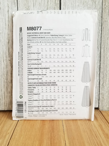 Mccalls M8077 Misses Historical Jacket & Skirt Costume Halloween Size 6-14 and 14-22 Pattern Uncut FF