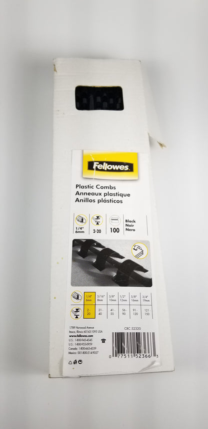 Fellowes black plastic combs 1/4" 100count