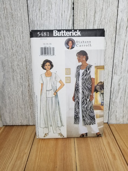 Butterick 5481 misses Long Sleeveless Jacket Duster Size 14-18 Uncut FF Sewing Pattern