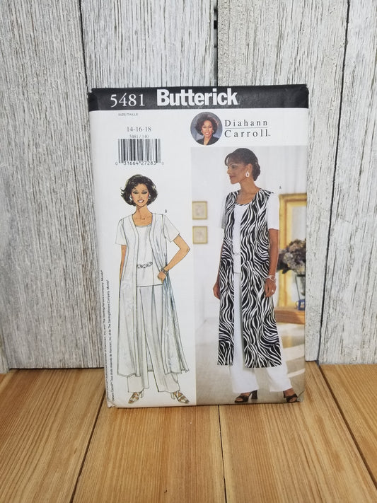 Butterick 5481 misses Long Sleeveless Jacket Duster Size 14-18 Uncut FF Sewing Pattern