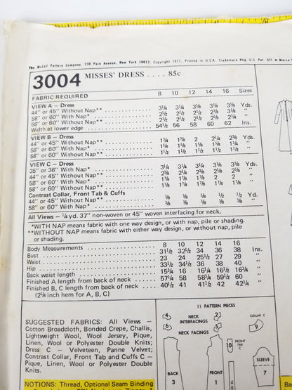 Vintage Sewing Pattern: McCall Pattern 3004 - A-line dress with darts, Size 12 uncut ff sewing pattern