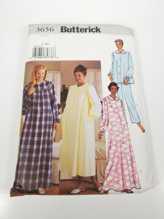 UNCUT Vintage Sewing PATTERN Butterick 3656, 2002 Easy Misses Robe Nightgown Top and Pants, Size L, XL