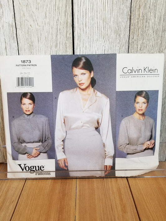 Vogue 1873 Calvin Klein Misses Petite Blouse Losse Fitting Blouse Sewing Pattern size 18, 20, 22 Uncut FF