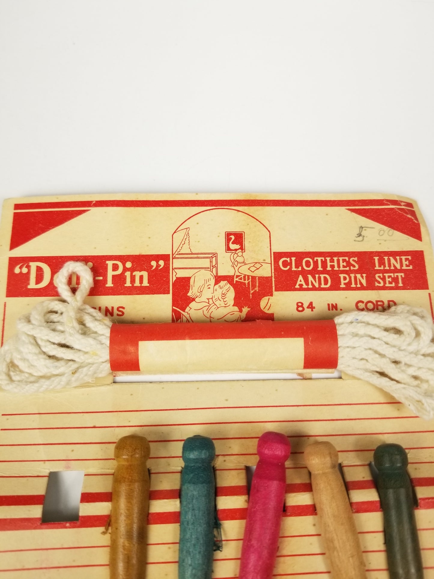 Vintage Doll House Dolli Pin 84" Clothes Line Toy on Card JAPAN 1940's