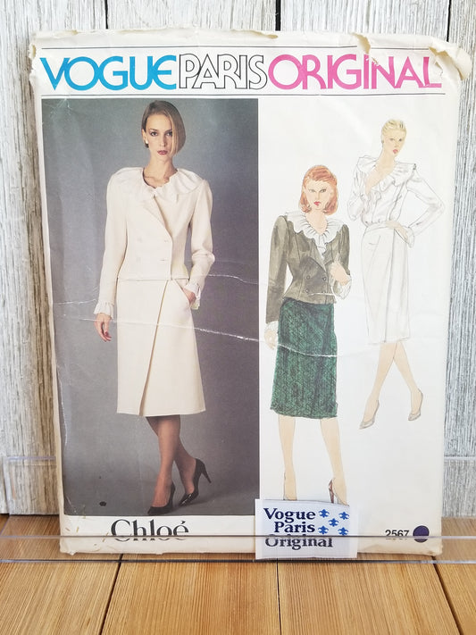 Vintage 80s Vogue 2567 Paris Original Designer Chloé Misses Top Skirt Jacket Suit Ruffle Collar Sewing Pattern Size 10 with original Label Uncut FF