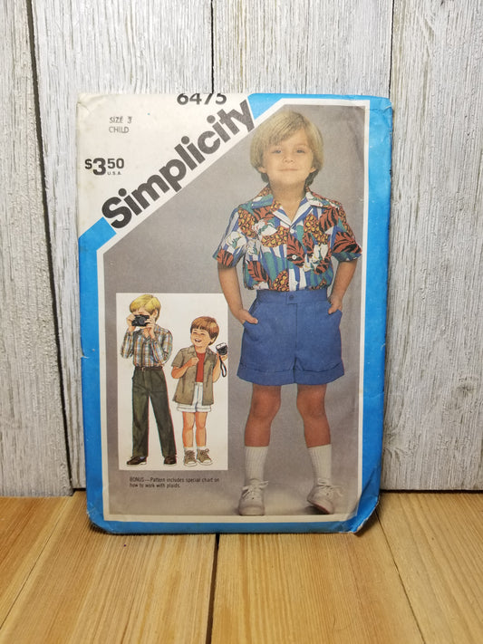 Simplicity 6475 UNCUT FF Size 3 Childs Pants Shorts and Shirt