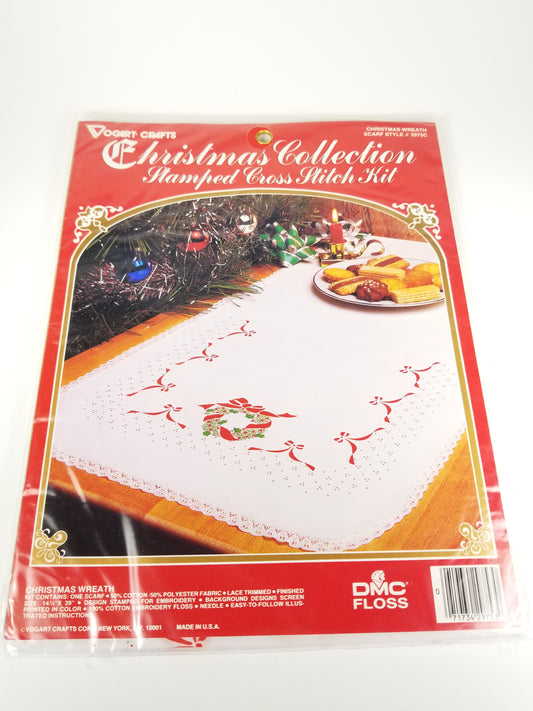 Vogart Crafts Christmas Collection stamped Cross stitch Kit Christmas Wreath scarf 2975C