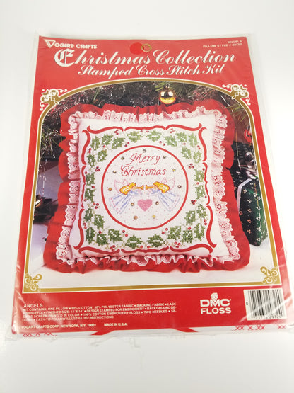 Vogart Crafts Christmas Collection stamped Cross stitch Kit Angels pillow 2972D