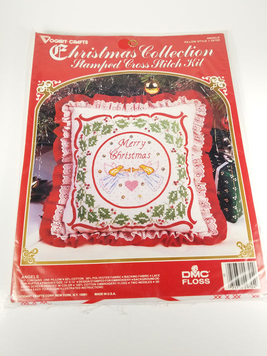 Vogart Crafts Christmas Collection stamped Cross stitch Kit Angels pillow 2972D