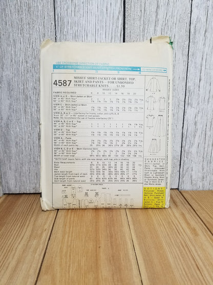 McCall's 4587 Misses Shirt Jacket Top Skirt Pants Size 8-12 Uncut FF Sewing Pattern
