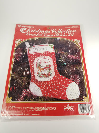 NOS Vintage Vogart Craft "Sleigh Ride" #2981B Christmas Stocking Counted Cross Stitch Kit DMC Floss Factory Sealed Unopened