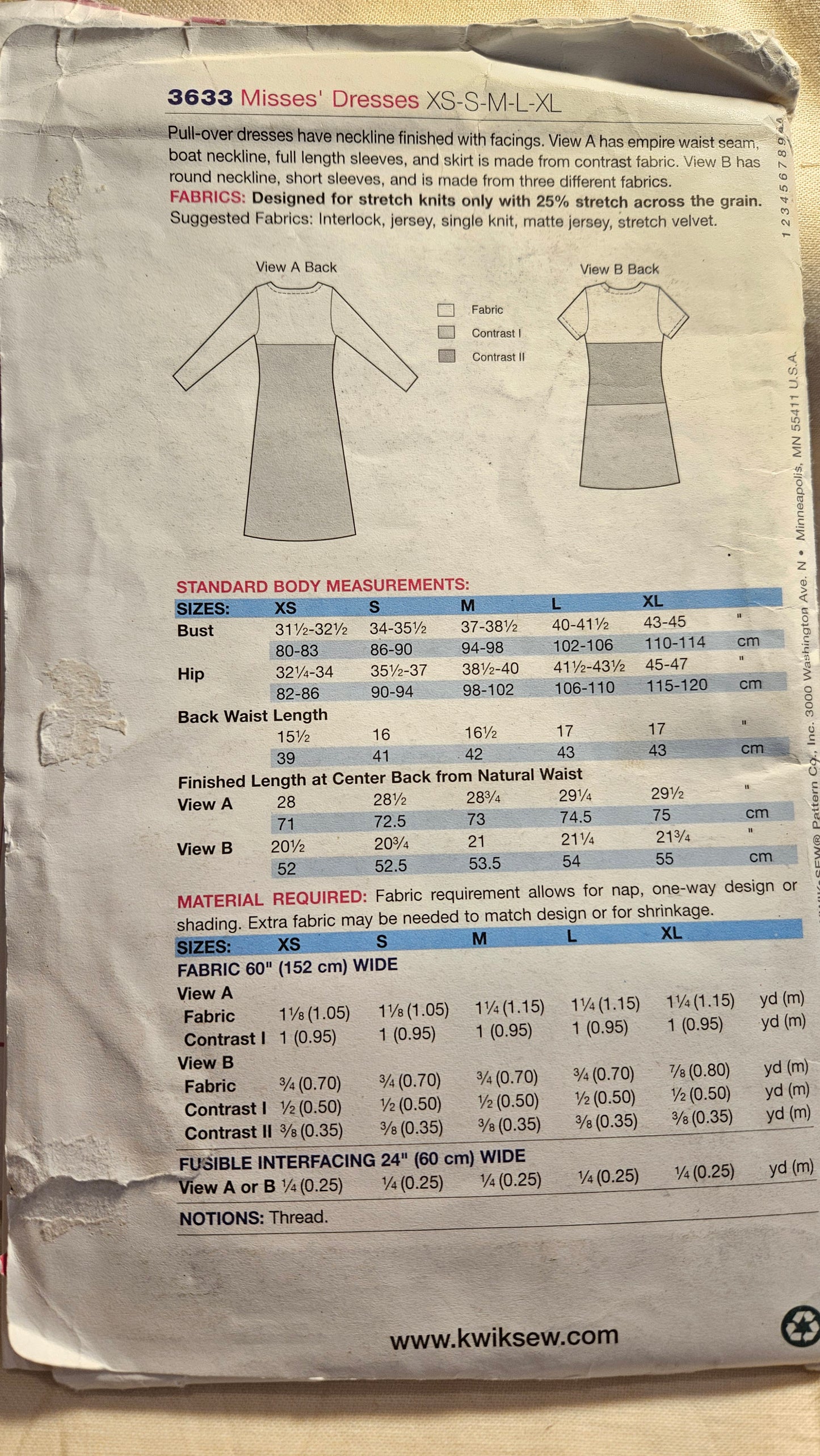 Kwik Sew #3633 misses dress sizes XS - XL uncut ff sewing pattern