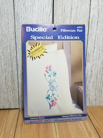 Bucilla Stamped Embroidery Kit 63876 "American Beauty" Pillowcase Pair Complete Kit