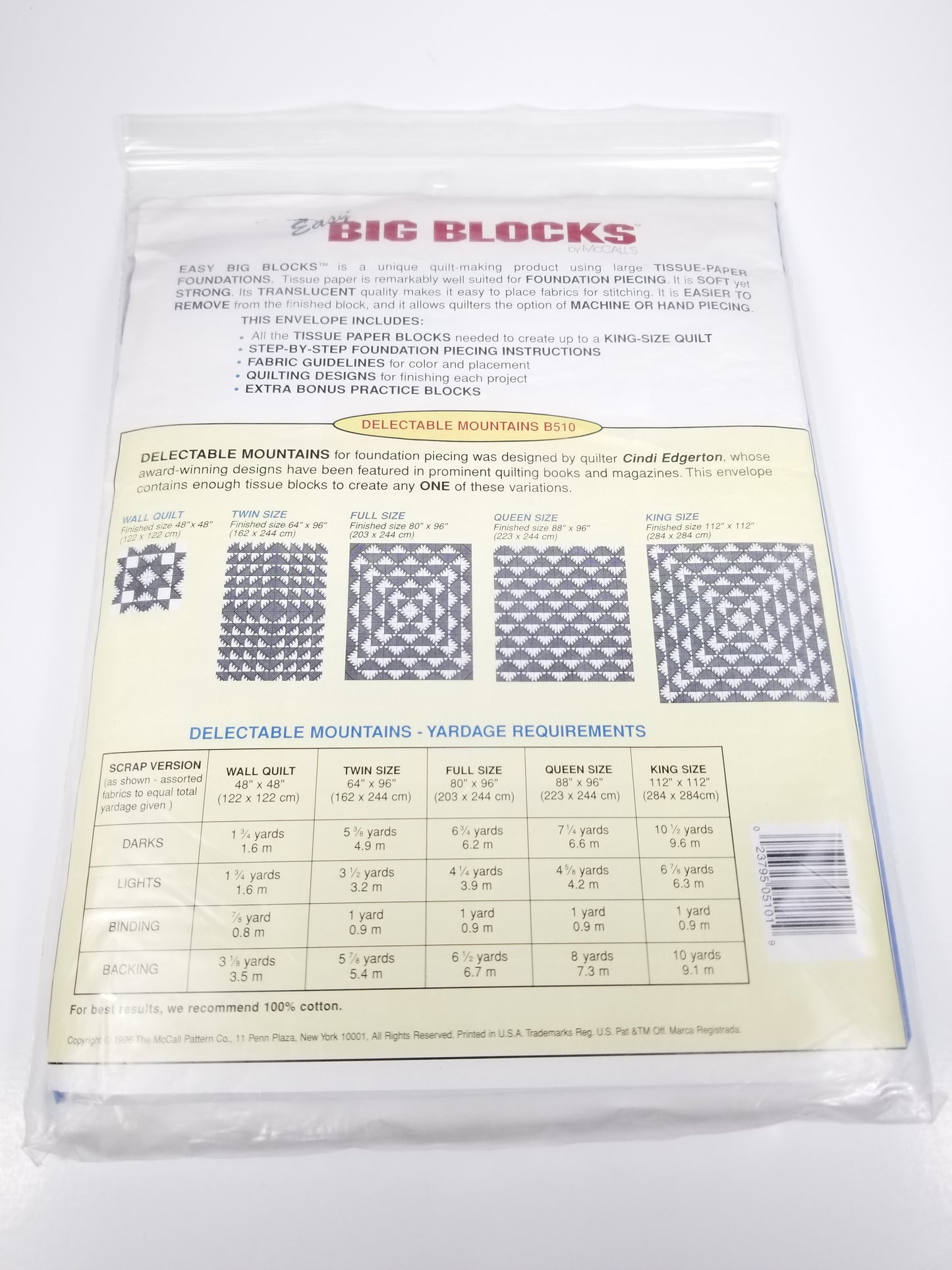 Easy Big Blocks B510 Tissue Paper Foundations 8" Blocks Delectable Mountains Quilt Pattern