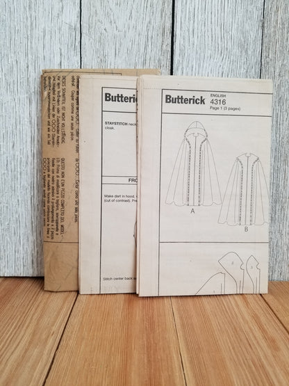 Butterick B4316 Medieval Cloak Halloween Costumes Pattern Size Xsm-Lrg UNCUT FF