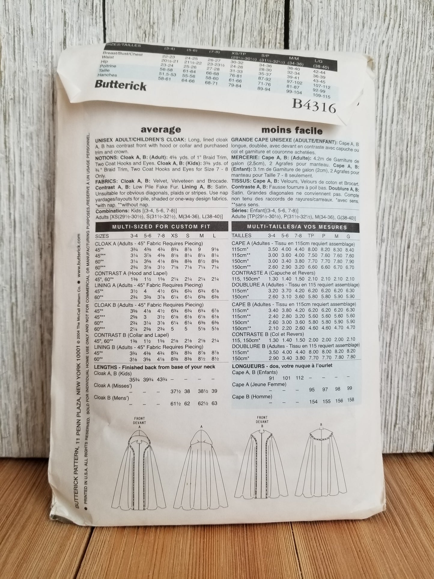 Butterick B4316 Medieval Cloak Halloween Costumes Pattern Size Xsm-Lrg UNCUT FF