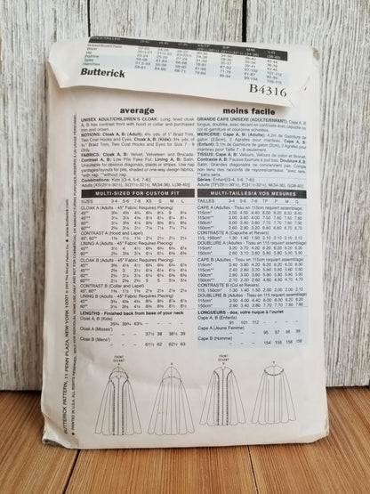 Butterick B4316 Medieval Cloak Halloween Costumes Pattern Size Xsm-Lrg UNCUT FF