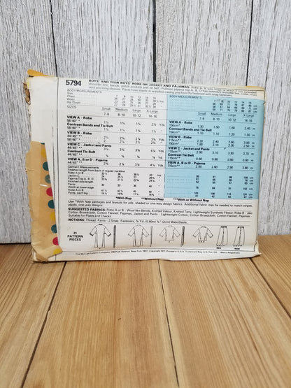 McCall's 5794 Boys Robe Pajamas Size M Uncut FF Sewing Pattern