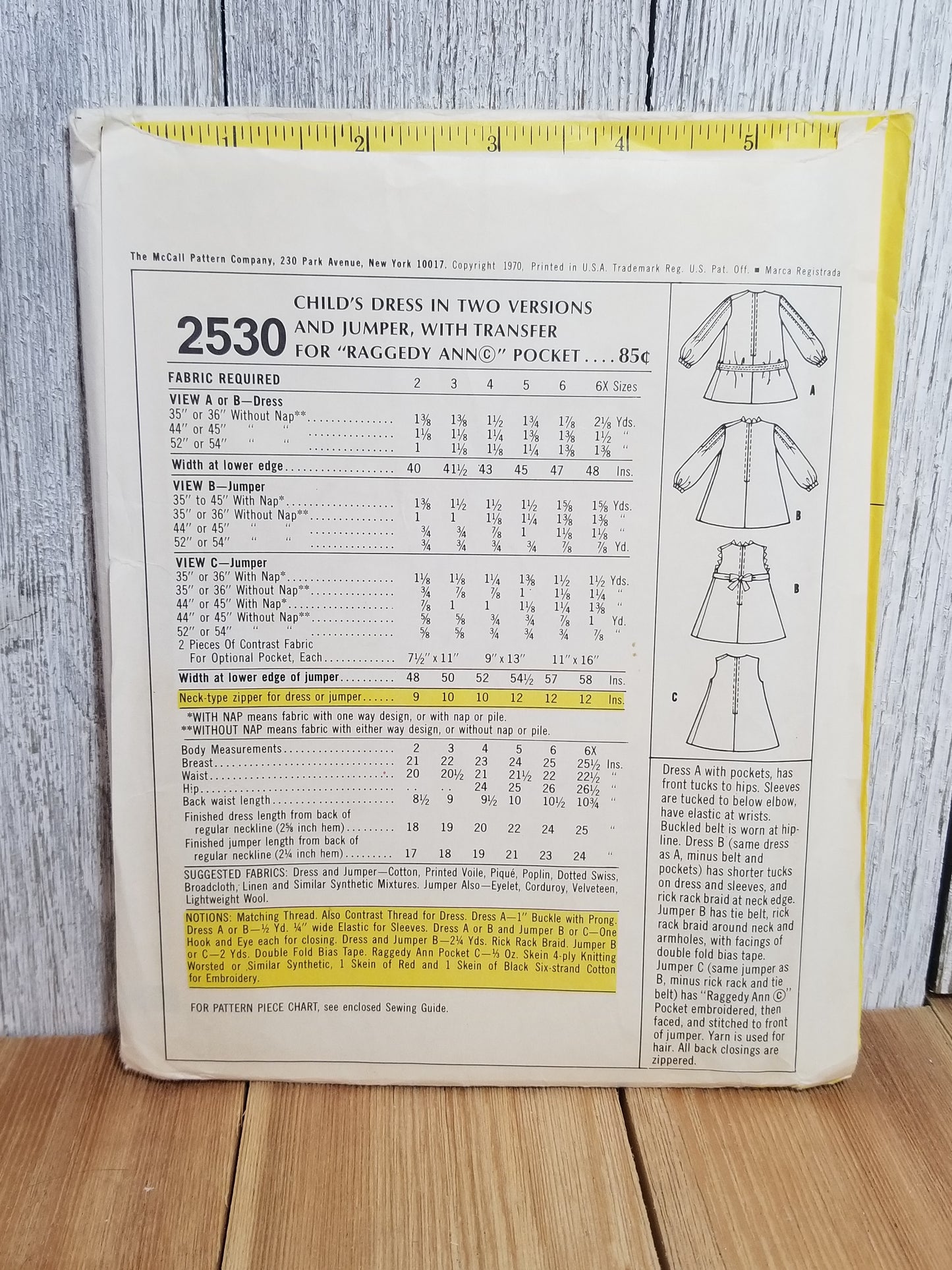 1970 McCall's 2530 Tuck Front Dress and Pinafore Size 4 Uncut FF Sewing Pattern Raggedy Ann