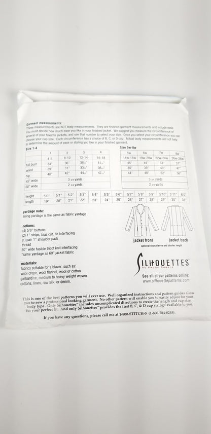 Silhouette 1900 4 Button Jacket Dress Size 1,2,3,4 5W-8W fit to size new uncut ff sewing pattern