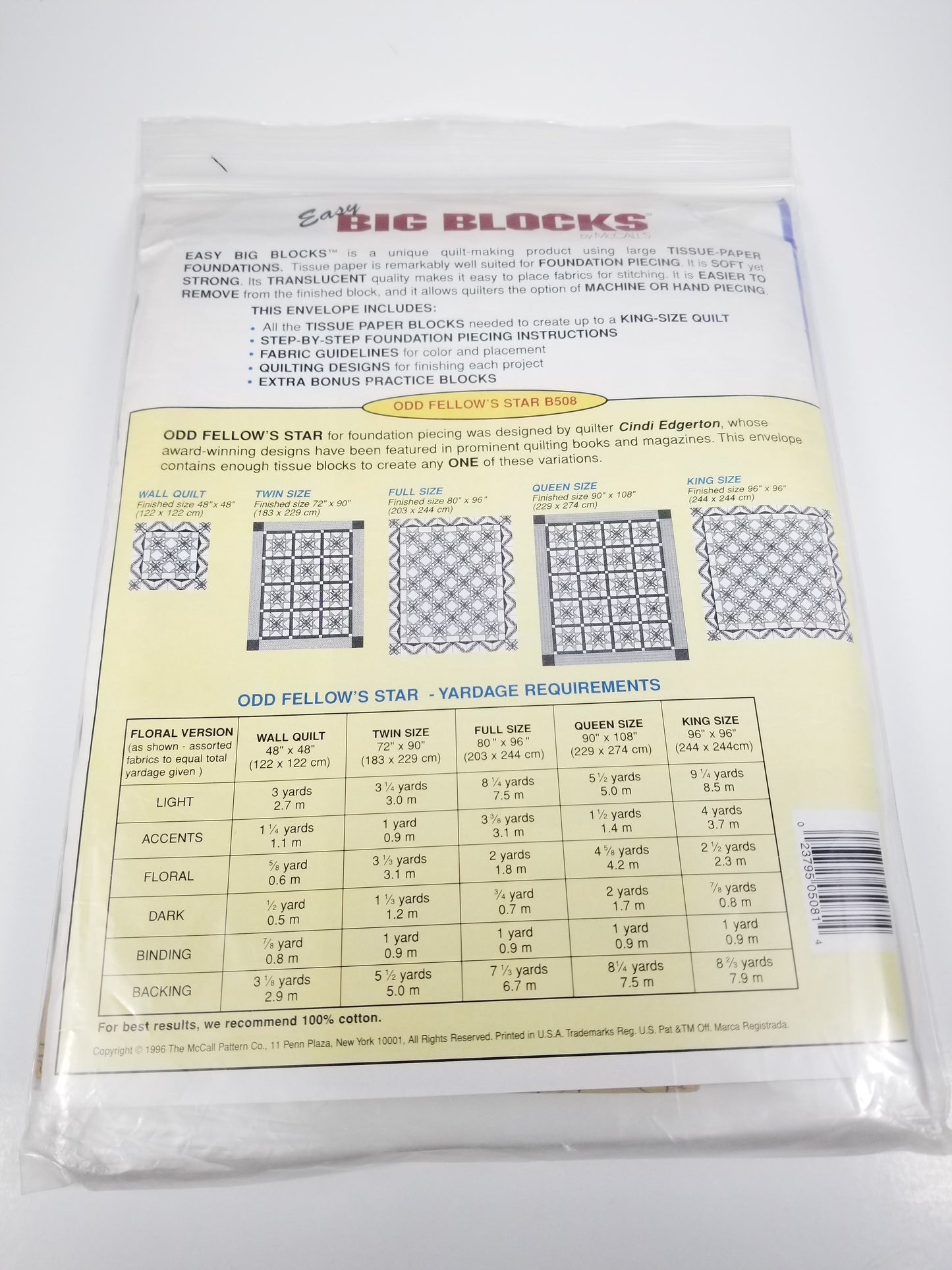 Easy Big Blocks B509 Tissue Paper Foundations 8" Blocks Odd Fellow's Star Quilt Pattern