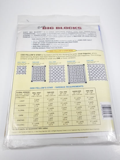 Easy Big Blocks B509 Tissue Paper Foundations 8" Blocks Odd Fellow's Star Quilt Pattern