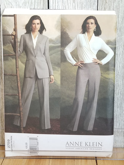 Vogue 2759 Anne Klein Below Hip Jacket, Wrap Top, Straight Legged Pants Size 6, 8, 10 Uncut FF