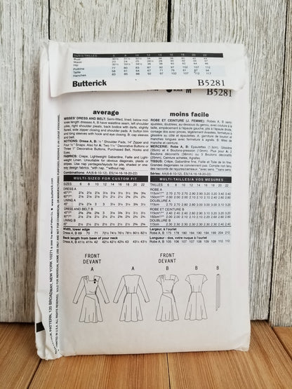 Butterick B5281 Retro 1940's Dress and Belt Pattern Size 14-22 UNCUT FF