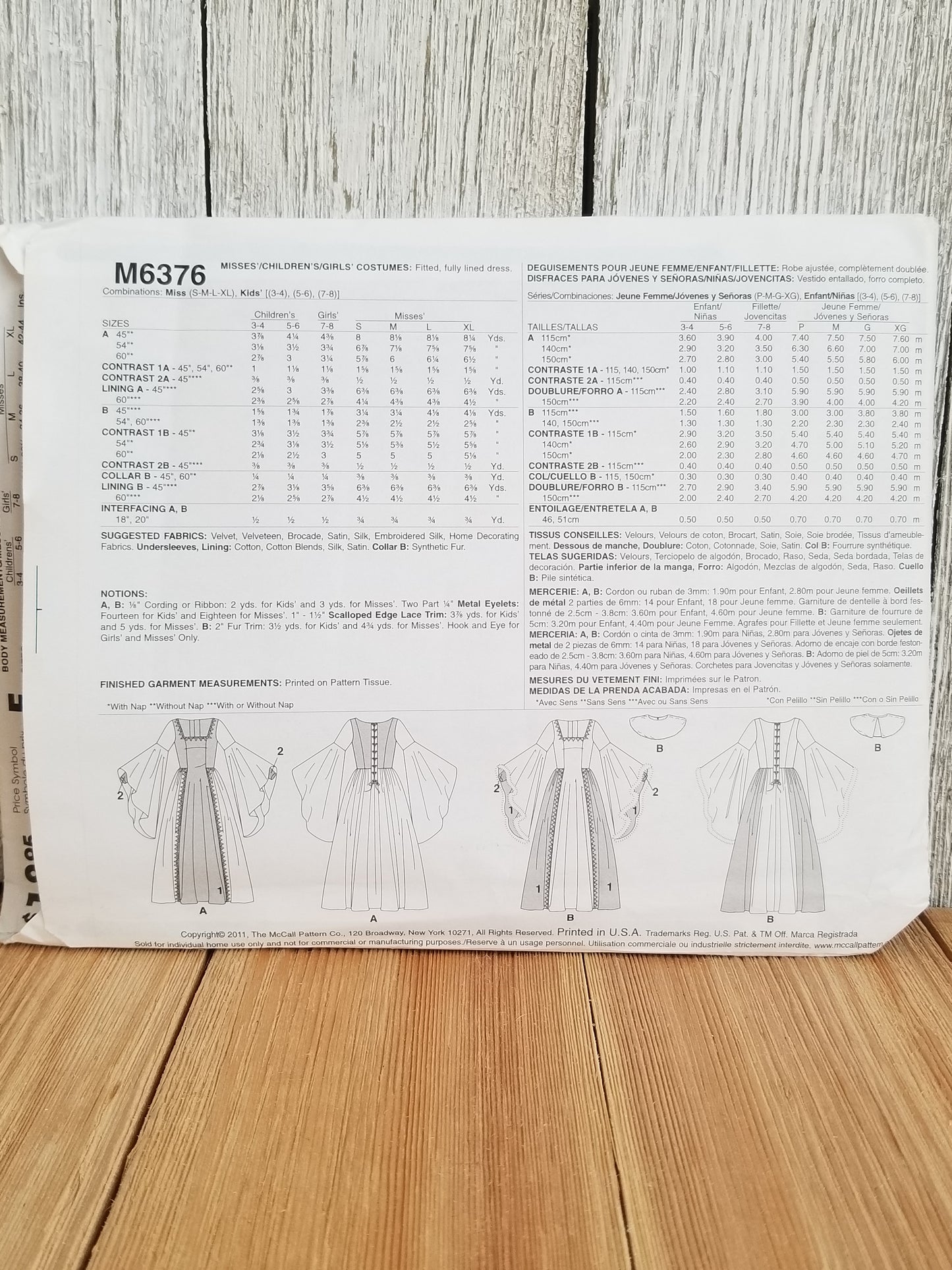 McCalls M6376 Medieval Theatre Princess Gown Wide Sleeves Costume Halloween Pattern Size Kids 3-8 UNCUT FF