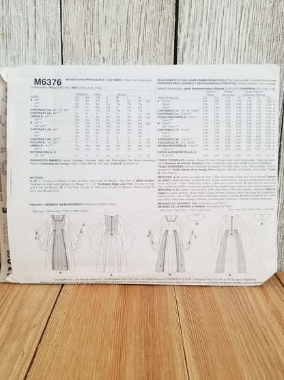 McCalls M6376 Medieval Theatre Princess Gown Wide Sleeves Costume Halloween Pattern Size Kids 3-8 UNCUT FF