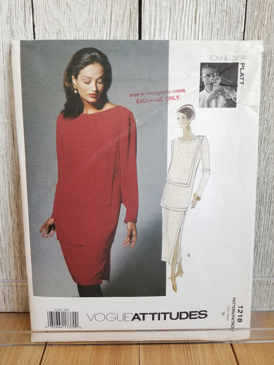 Vogue 1218 Misses' Size 14 Easy Sewing Pattern Loose Fitting Dress in two lengths Tom & Linda Platt Uncut FF