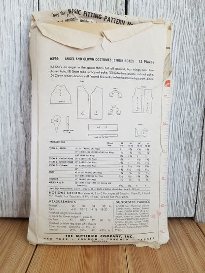 Butterick 6596 Angel, Clown, Choir Costumes Halloween Patterns Complete Size 10-12 Bust 30 Vintage 1954