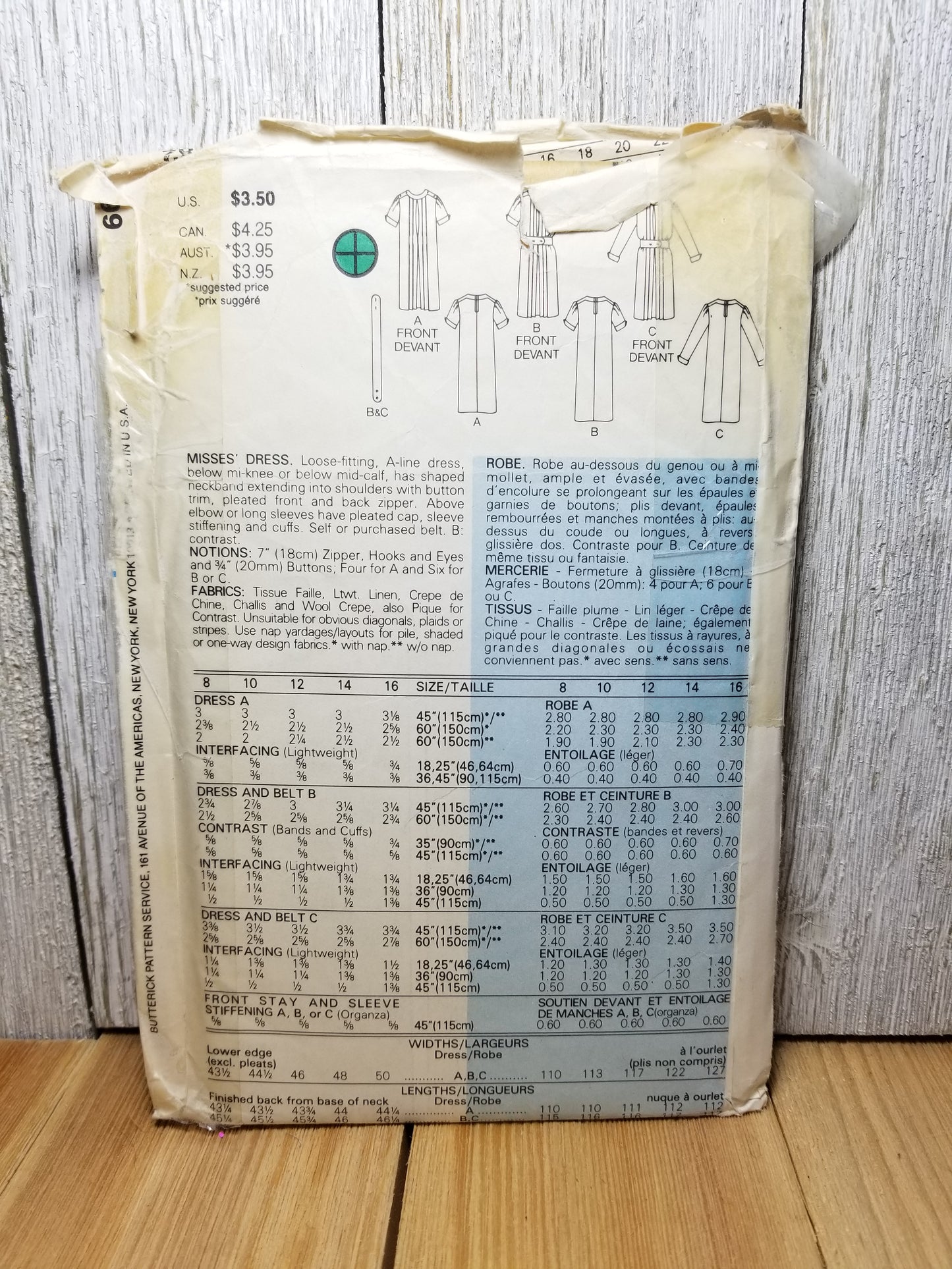 Butterick 6682 1980s Misses' Dress. Loose-fitting, A-line dress, below mid-knee or below mid-calf Uncut FF